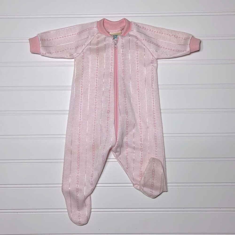 VINTAGE TINY THREADS NWOT Made in USA Girls Pink Preemie Zip Up Footie Pajamas